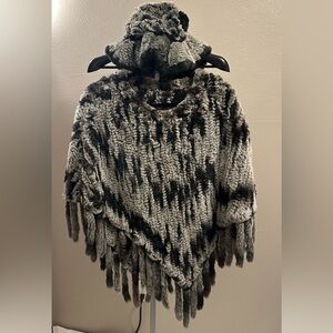 Cozy Black and Gray Women's Fur Poncho with Hat